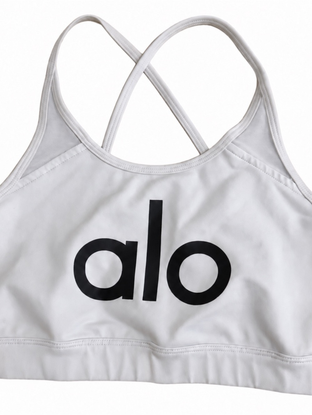Alo Yoga White Logo Sports Bra Size M Criss Cross Back Mesh